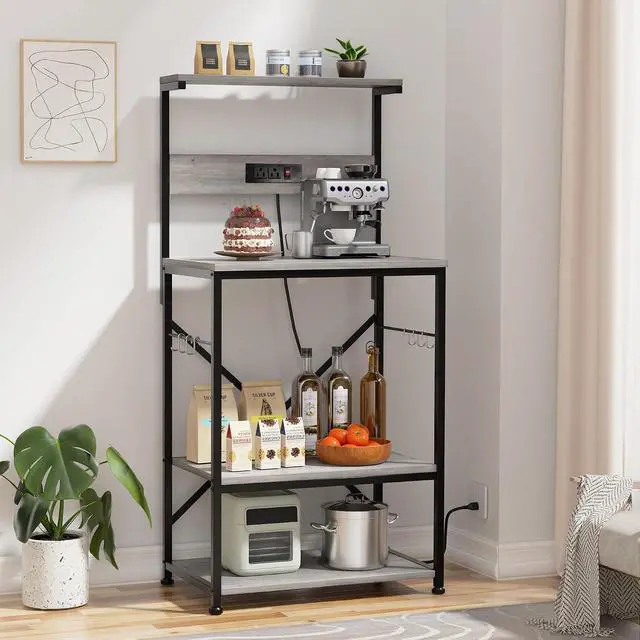 Alt view image 3 of 5 - Microwave Stand,Kitchen Bakers Rack with 6 Hooks, 4-Tier Coffee Bar Microwave Rack (Gray)