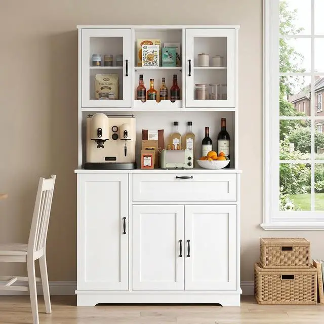 Alt view image 3 of 7 - Kitchen Pantry Cabinet, Large Kitchen Hutch Formhouse Storage Cabinet with Microwave Stand, Tall Food Pantry for Dining Room, Living Room, White