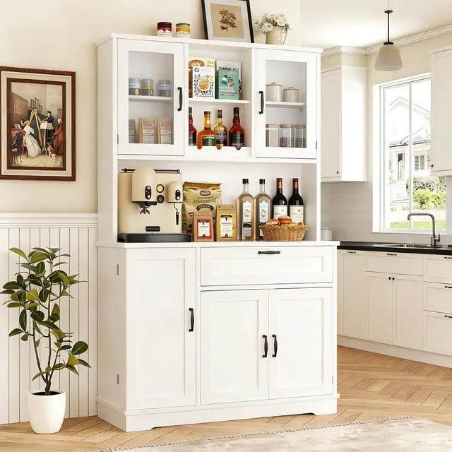 Main image of Kitchen Pantry Cabinet, Large Kitchen Hutch Formhouse Storage Cabinet with Microwave Stand, Tall Food Pantry for Dining Room, Living Room, White