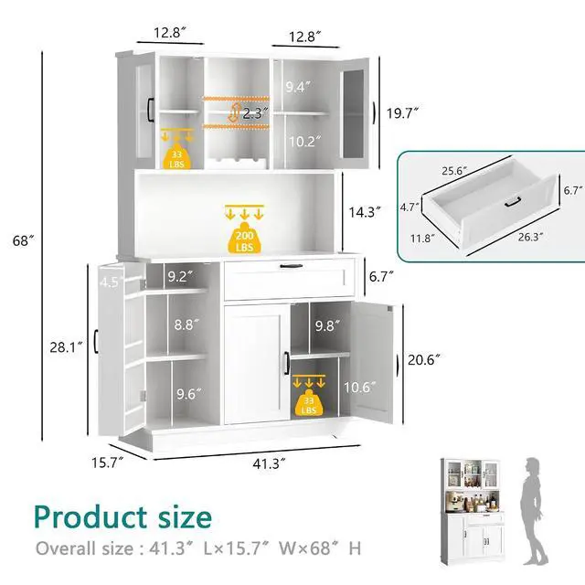 Alt view image 2 of 7 - Kitchen Pantry Cabinet, Large Kitchen Hutch Formhouse Storage Cabinet with Microwave Stand, Tall Food Pantry for Dining Room, Living Room, White