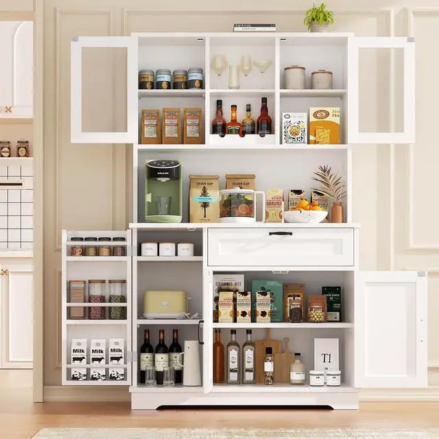 Alt view image 4 of 7 - Kitchen Pantry Cabinet, Large Kitchen Hutch Formhouse Storage Cabinet with Microwave Stand, Tall Food Pantry for Dining Room, Living Room, White