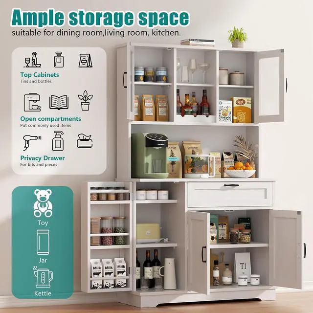 Alt view image 6 of 7 - Kitchen Pantry Cabinet, Large Kitchen Hutch Formhouse Storage Cabinet with Microwave Stand, Tall Food Pantry for Dining Room, Living Room, White