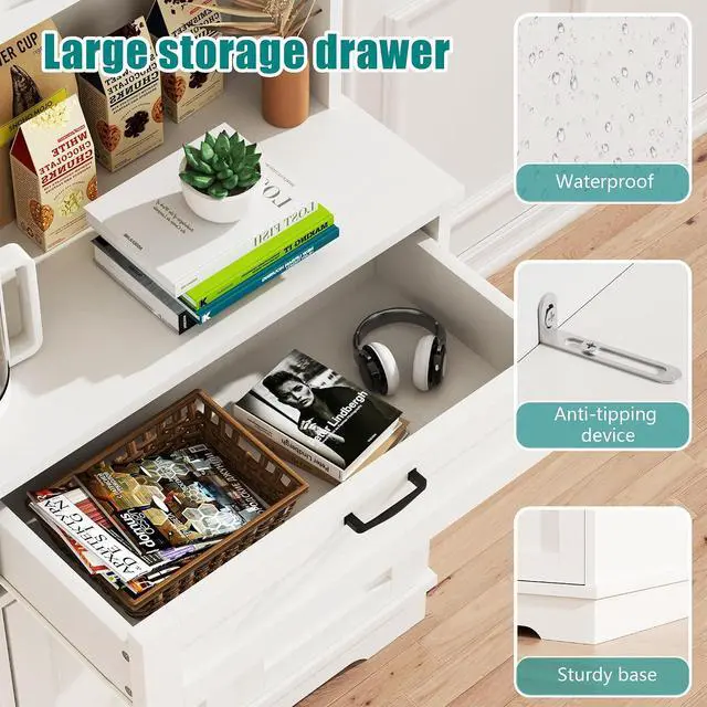Alt view image 7 of 7 - Kitchen Pantry Cabinet, Large Kitchen Hutch Formhouse Storage Cabinet with Microwave Stand, Tall Food Pantry for Dining Room, Living Room, White
