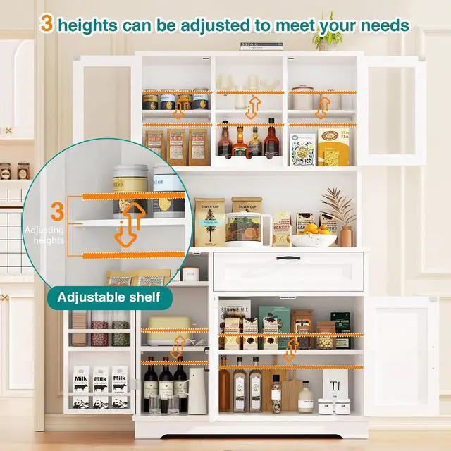 Alt view image 5 of 7 - Kitchen Pantry Cabinet, Large Kitchen Hutch Formhouse Storage Cabinet with Microwave Stand, Tall Food Pantry for Dining Room, Living Room, White