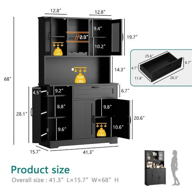 Alt view image 2 of 7 - Farmhouse Pantry Cabinet with Acrylic Doors, Large Kitchen Hutch Storage Cabinet for Dining Room, Tall Food Pantry Organization, Microwave Stand, Black