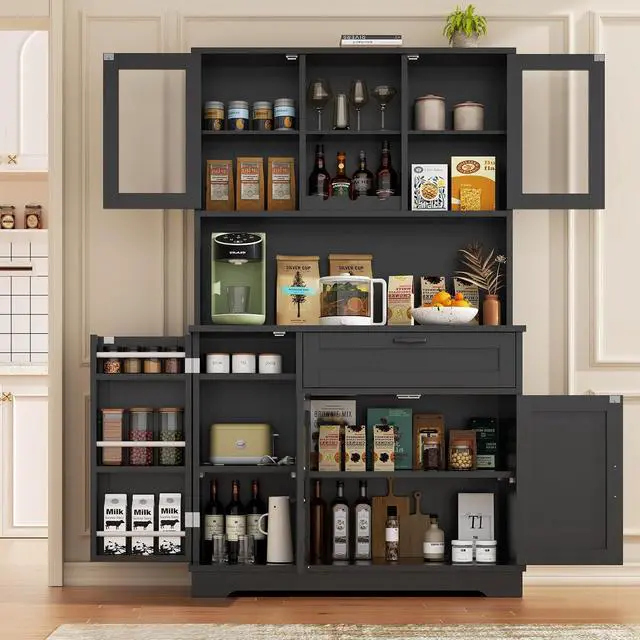 Alt view image 3 of 7 - Farmhouse Pantry Cabinet with Acrylic Doors, Large Kitchen Hutch Storage Cabinet for Dining Room, Tall Food Pantry Organization, Microwave Stand, Black