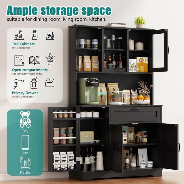 Alt view image 4 of 7 - Farmhouse Pantry Cabinet with Acrylic Doors, Large Kitchen Hutch Storage Cabinet for Dining Room, Tall Food Pantry Organization, Microwave Stand, Black