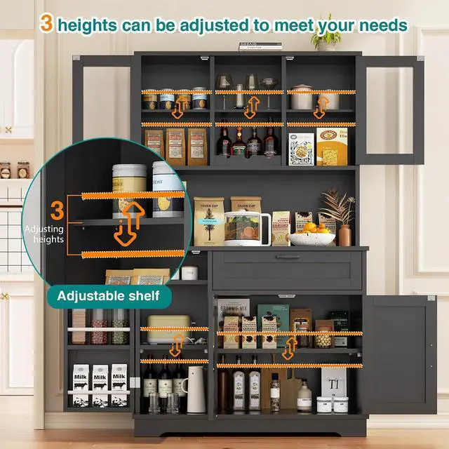 Alt view image 5 of 7 - Farmhouse Pantry Cabinet with Acrylic Doors, Large Kitchen Hutch Storage Cabinet for Dining Room, Tall Food Pantry Organization, Microwave Stand, Black