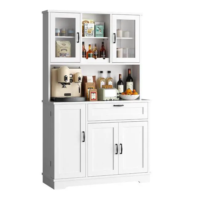 Alt view image 7 of 7 - Kitchen Pantry Cabinet, Farmhouse Kitchen Hutch Tall Storage Cabinet with Doors and Shelves, Modern Food Pantry for Dining Room, White