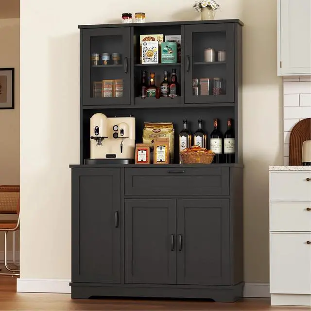 Main image of Tall Pantry Cabinet, Kitchen Storage Cabinet with Display Door,Farmhouse Kitchen Hutch with Adjustable Shelves for Dining Room, Black