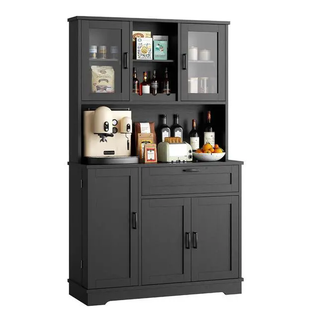 Alt view image 7 of 7 - Farmhouse Pantry Cabinet with Acrylic Doors, Large Kitchen Hutch Storage Cabinet for Dining Room, Tall Food Pantry Organization, Microwave Stand, Black