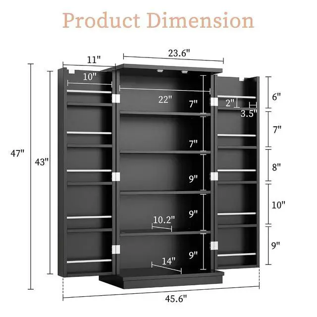Alt view image 2 of 7 - Pantry Cabinet, 47in Wooden Kitchen Storage Pantry Cabinet, Freestanding Storage Cabinets with 2 Doors, Adjustable Shelves, Black