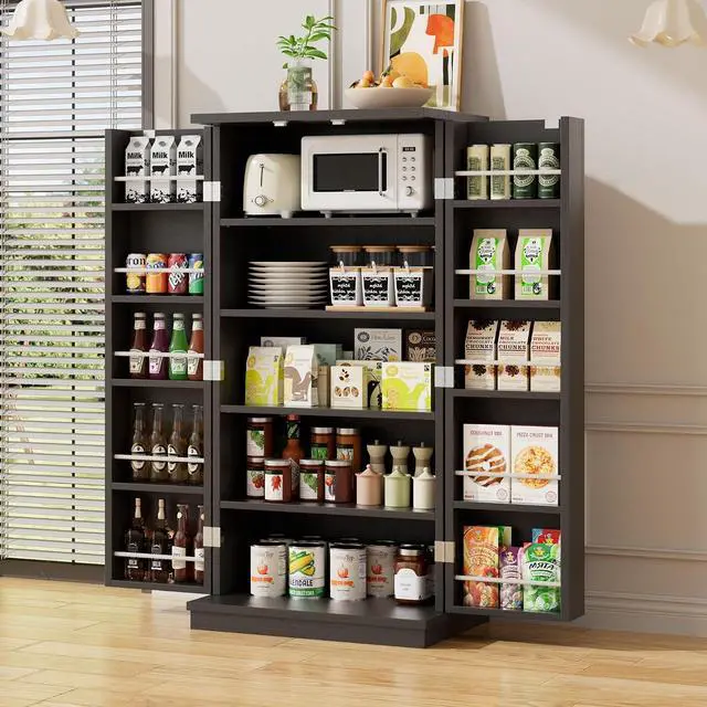 Main image of Pantry Cabinet, 47in Wooden Kitchen Storage Pantry Cabinet, Freestanding Storage Cabinets with 2 Doors, Adjustable Shelves, Black