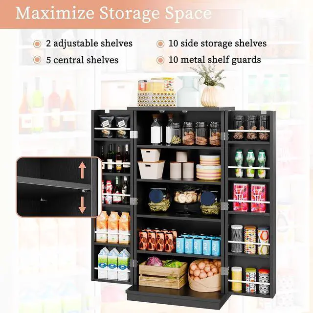 Alt view image 4 of 7 - Pantry Cabinet, 47in Wooden Kitchen Storage Pantry Cabinet, Freestanding Storage Cabinets with 2 Doors, Adjustable Shelves, Black