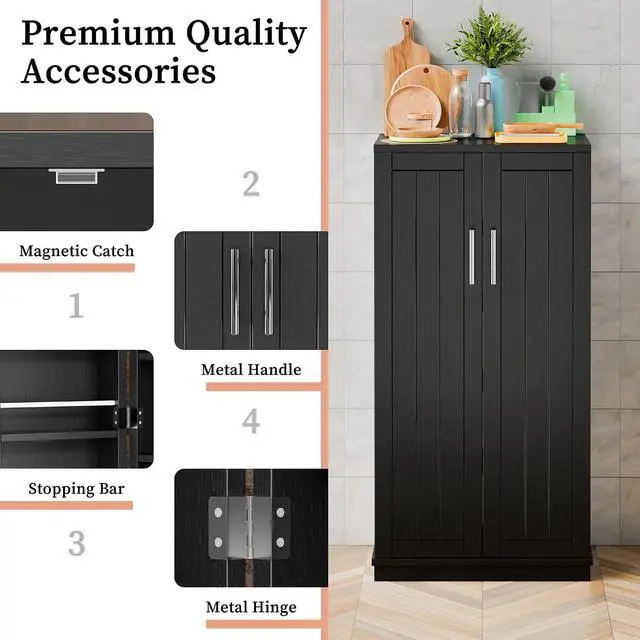 Alt view image 5 of 7 - Pantry Cabinet, 47in Wooden Kitchen Storage Pantry Cabinet, Freestanding Storage Cabinets with 2 Doors, Adjustable Shelves, Black