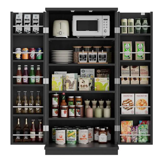 Alt view image 6 of 7 - Pantry Cabinet, 47in Wooden Kitchen Storage Pantry Cabinet, Freestanding Storage Cabinets with 2 Doors, Adjustable Shelves, Black