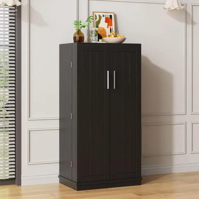 Alt view image 7 of 7 - Pantry Cabinet, 47in Wooden Kitchen Storage Pantry Cabinet, Freestanding Storage Cabinets with 2 Doors, Adjustable Shelves, Black