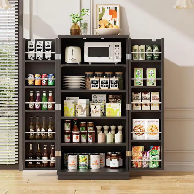 Alt view image 3 of 7 - Pantry Cabinet, 47in Wooden Kitchen Storage Pantry Cabinet, Freestanding Storage Cabinets with 2 Doors, Adjustable Shelves, Black