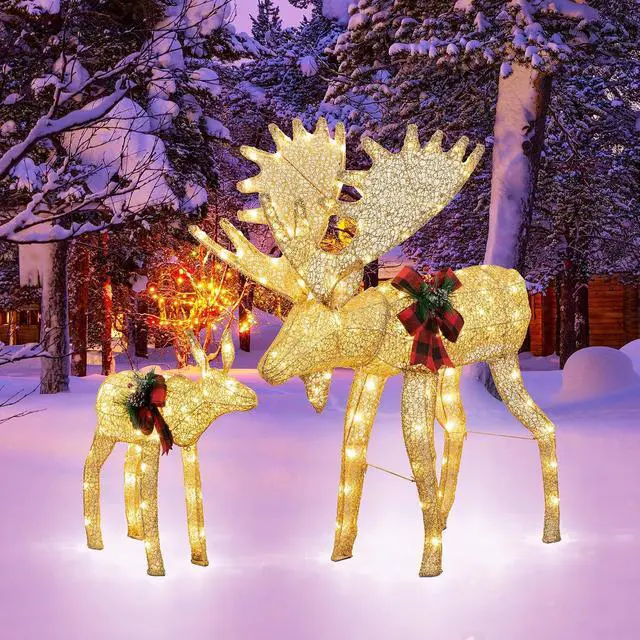 Alt view image 2 of 7 - 2-Piece 3D Lighted Christmas Reindeer Family, Pre-Lit Gold Christmas Decor Deer with 170 Warm White LED Lights, Outdoor/Indoor Festive Holiday Decoration for Yard Patio Lawn Garden Party
