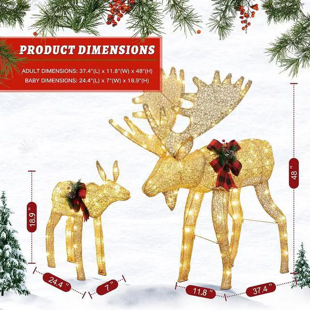 Alt view image 3 of 7 - 2-Piece 3D Lighted Christmas Reindeer Family, Pre-Lit Gold Christmas Decor Deer with 170 Warm White LED Lights, Outdoor/Indoor Festive Holiday Decoration for Yard Patio Lawn Garden Party