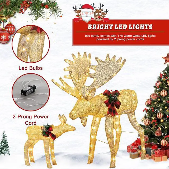 Alt view image 5 of 7 - 2-Piece 3D Lighted Christmas Reindeer Family, Pre-Lit Gold Christmas Decor Deer with 170 Warm White LED Lights, Outdoor/Indoor Festive Holiday Decoration for Yard Patio Lawn Garden Party