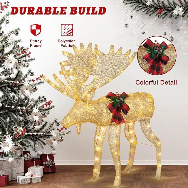 Alt view image 4 of 7 - 2-Piece 3D Lighted Christmas Reindeer Family, Pre-Lit Gold Christmas Decor Deer with 170 Warm White LED Lights, Outdoor/Indoor Festive Holiday Decoration for Yard Patio Lawn Garden Party