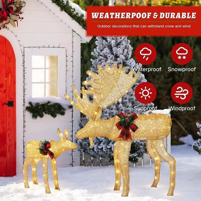 Alt view image 6 of 7 - 2-Piece 3D Lighted Christmas Reindeer Family, Pre-Lit Gold Christmas Decor Deer with 170 Warm White LED Lights, Outdoor/Indoor Festive Holiday Decoration for Yard Patio Lawn Garden Party