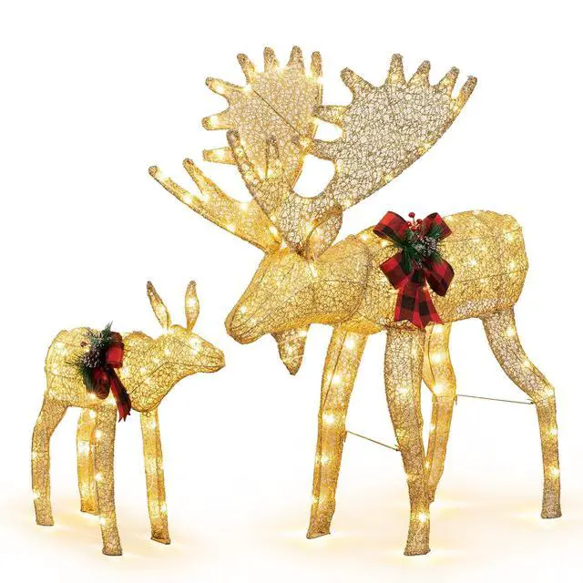 Alt view image 7 of 7 - 2-Piece 3D Lighted Christmas Reindeer Family, Pre-Lit Gold Christmas Decor Deer with 170 Warm White LED Lights, Outdoor/Indoor Festive Holiday Decoration for Yard Patio Lawn Garden Party