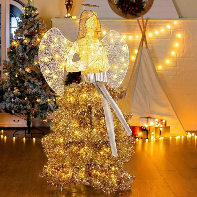 Alt view image 2 of 7 - 5 FT Christmas Angel Outdoor Lighted Holiday Displays, Pre-lit 3D Outdoor/Indoor Glittered Angel with 100 Warm Lights, Bow, Zip Ties, Stakes for Birthday Party Decoration