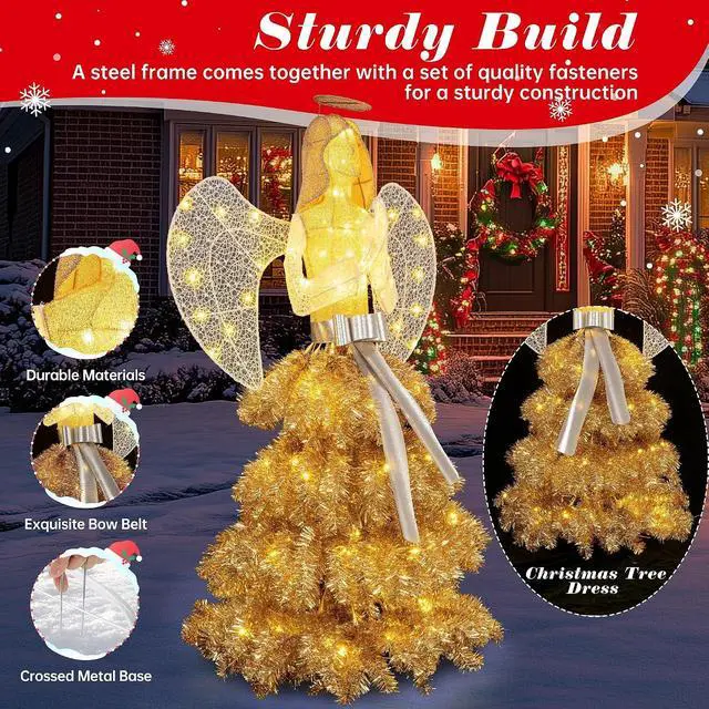 Alt view image 6 of 7 - 5 FT Christmas Angel Outdoor Lighted Holiday Displays, Pre-lit 3D Outdoor/Indoor Glittered Angel with 100 Warm Lights, Bow, Zip Ties, Stakes for Birthday Party Decoration