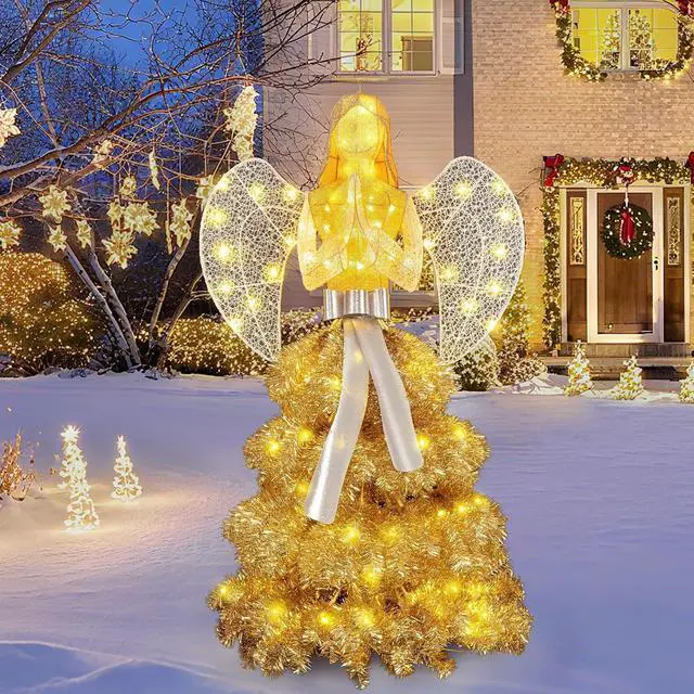 Alt view image 7 of 7 - 5 FT Christmas Angel Outdoor Lighted Holiday Displays, Pre-lit 3D Outdoor/Indoor Glittered Angel with 100 Warm Lights, Bow, Zip Ties, Stakes for Birthday Party Decoration