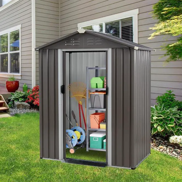 Alt view image 2 of 7 - 5 x 3 x 6 FT Outdoor Storage Shed, Metal Tool Shed Clearance Garden Steel Shed with Side Window and Lockable Door Waterproof Tool Shed for Backyard Patio, Lawn (Gray)