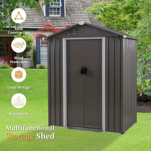 Alt view image 6 of 7 - 5 x 3 x 6 FT Outdoor Storage Shed, Metal Tool Shed Clearance Garden Steel Shed with Side Window and Lockable Door Waterproof Tool Shed for Backyard Patio, Lawn (Gray)