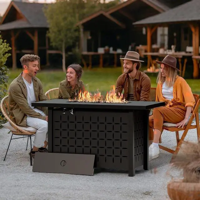 Alt view image 2 of 7 - 43" Gas Fire Pit for Outside, 50,000 BTU Outdoor Propane Fire Pit Table with Lid & Lava Rock, Steel Rectangular Fire Table for Patio, Backyard, Deck, Garden, Black
