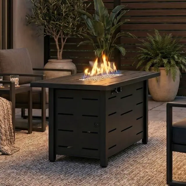 Alt view image 2 of 7 - Propane Fire Pit Table, 43" Gas Fire Pits Table for Outside, 2 in 1 Propane Fire Pit 50,000 BTU with Lava Rocks, Glass Wind Guard, Waterproof Cover and Lid, Horizontal Stripe