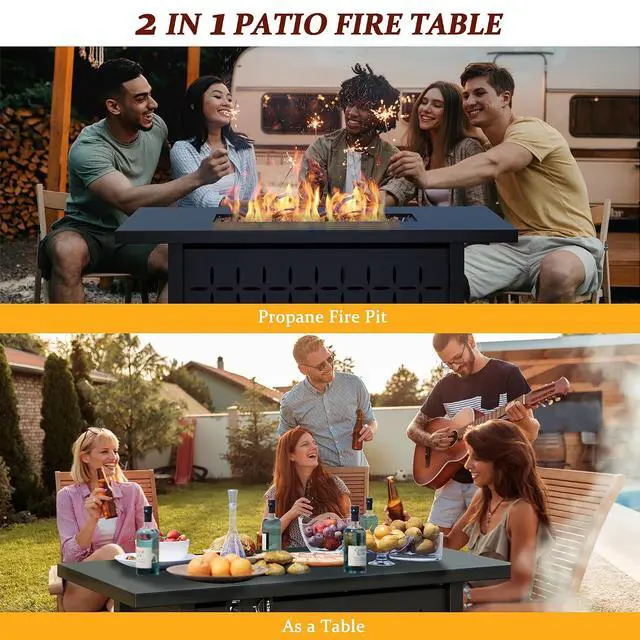 Alt view image 4 of 7 - 43" Gas Fire Pit for Outside, 50,000 BTU Outdoor Propane Fire Pit Table with Lid & Lava Rock, Steel Rectangular Fire Table for Patio, Backyard, Deck, Garden, Black