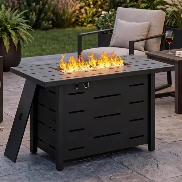 Main image of Propane Fire Pit Table, 43" Gas Fire Pits Table for Outside, 2 in 1 Propane Fire Pit 50,000 BTU with Lava Rocks, Glass Wind Guard, Waterproof Cover and Lid, Horizontal Stripe