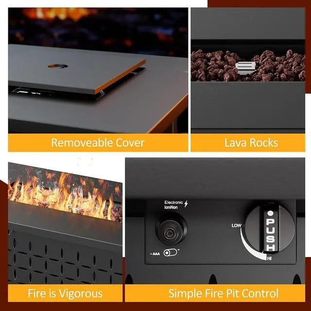 Alt view image 5 of 7 - 43" Gas Fire Pit for Outside, 50,000 BTU Outdoor Propane Fire Pit Table with Lid & Lava Rock, Steel Rectangular Fire Table for Patio, Backyard, Deck, Garden, Black