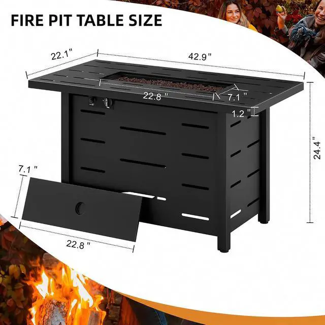 Alt view image 3 of 7 - Propane Fire Pit Table, 43" Gas Fire Pits Table for Outside, 2 in 1 Propane Fire Pit 50,000 BTU with Lava Rocks, Glass Wind Guard, Waterproof Cover and Lid, Horizontal Stripe
