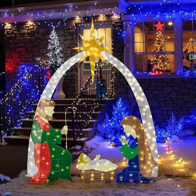 Alt view image 3 of 7 - 6 FT Nativity Scene Outdoor Christmas Decoration Lighted up Christmas Holiday Display, Nativity Scene Set with LED Lights Christmas Tree Decor, Birth of Jesus