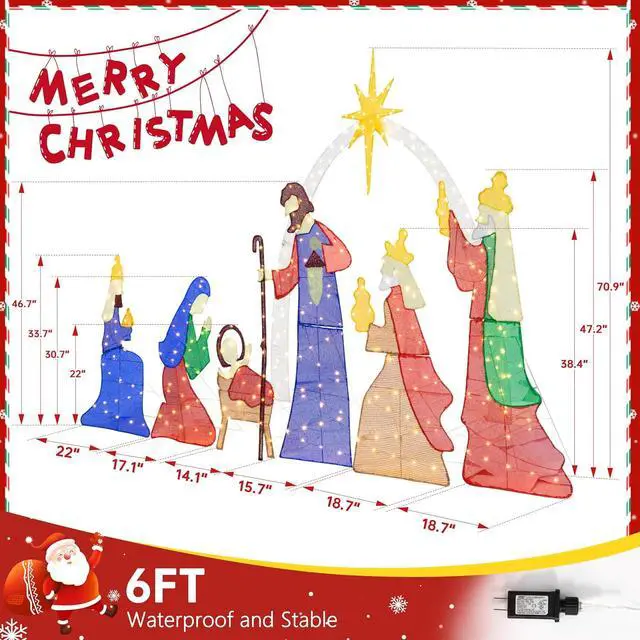 Alt view image 5 of 6 - 6 FT Christmas Outdoor Nativity Scene Set, 7pcs Weatherproof Holy Family Outdoor Decorations Nativity Set for Christmas Holiday Yard Home Decorations