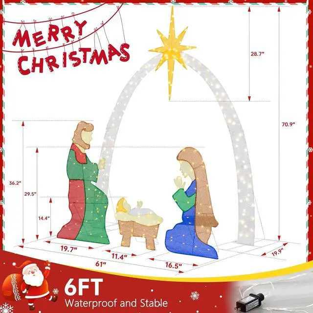Alt view image 2 of 7 - 6 FT Nativity Scene Outdoor Christmas Decoration Lighted up Christmas Holiday Display, Nativity Scene Set with LED Lights Christmas Tree Decor, Birth of Jesus