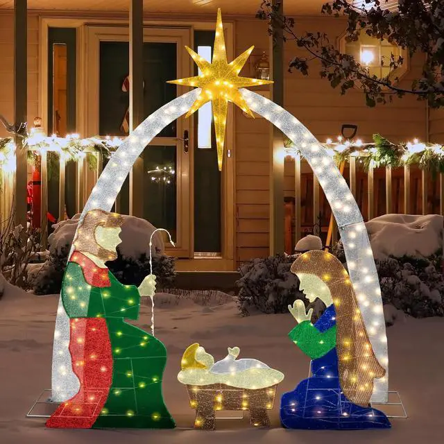 Alt view image 5 of 7 - 6 FT Nativity Scene Outdoor Christmas Decoration Lighted up Christmas Holiday Display, Nativity Scene Set with LED Lights Christmas Tree Decor, Birth of Jesus