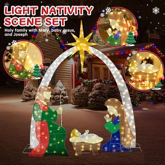 Alt view image 6 of 7 - 6 FT Nativity Scene Outdoor Christmas Decoration Lighted up Christmas Holiday Display, Nativity Scene Set with LED Lights Christmas Tree Decor, Birth of Jesus
