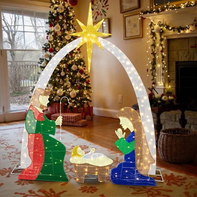 Alt view image 4 of 7 - 6 FT Nativity Scene Outdoor Christmas Decoration Lighted up Christmas Holiday Display, Nativity Scene Set with LED Lights Christmas Tree Decor, Birth of Jesus