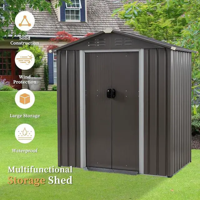 Alt view image 6 of 7 - Outdoor Storage Shed, 6 x 4 FT Outside Metal Garden Shed with Large Window and Lockable Door, Waterproof Tool Shed for Backyard Patio, Lawn and Garden (Gray)