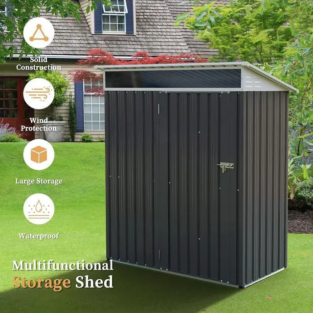 Alt view image 6 of 7 - 5 x 3 x 6 FT Outdoor Storage Shed Clearance, Metal Garden Shed with Large Window and Lockable Door, Anti-Corrosion Waterproof Tool Shed for Backyard Patio, Lawn (Dark Gray)