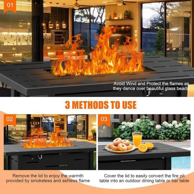 Alt view image 5 of 7 - Propane Fire Pit Table, 43" Gas Fire Pits Table for Outside, 2 in 1 Propane Fire Pit 50,000 BTU with Lava Rocks, Glass Wind Guard, Waterproof Cover and Lid, Horizontal Stripe