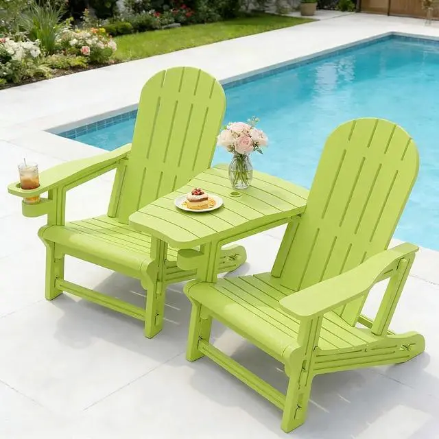 Main image of Adirondack Chairs Set of 2 with Removable Tabletop, Outdoor HDPE Plastic Fire Pit Chair Set with Wooden Textured, Cup Holder for Patio, Poolside, Deck, Garden, Green, 3 Pieces