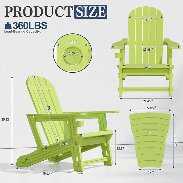 Alt view image 2 of 7 - Adirondack Chairs Set of 2 with Removable Tabletop, Outdoor HDPE Plastic Fire Pit Chair Set with Wooden Textured, Cup Holder for Patio, Poolside, Deck, Garden, Green, 3 Pieces